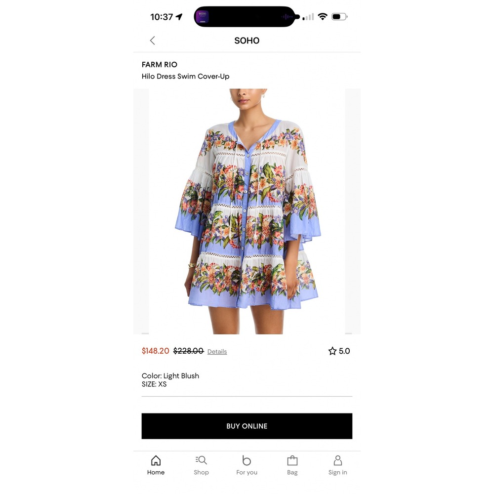 Farm Rio Hilo Stripes Light Blush Floral Tiered Mini Dress Swim Cover-Up XS NEW